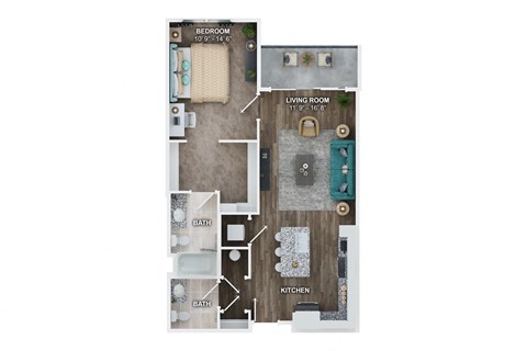 Floor plan for 1 bed, 1.5 baths, 798 sqft